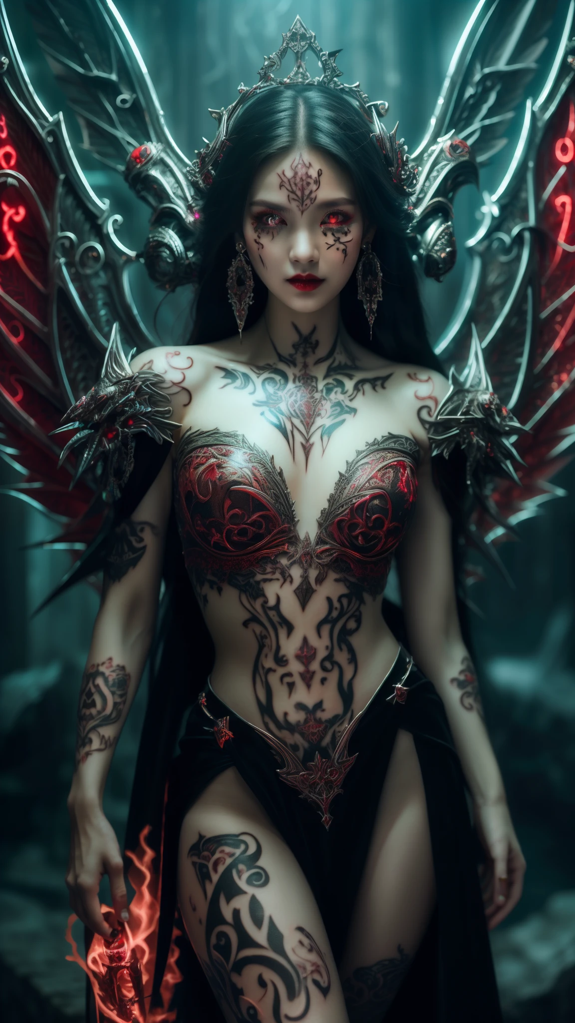 Cute Japanese woman, (************), (Very cute face: 1.3), Red lips, White moist skin, Melancholic expression,
BREAK,
(Beautiful belly button),
BREAK,
Female superior ancient strigoi vampire, Horror, Angel wings, Black wings, Red jewelry, (Large wings: 1.4), Satan, Hellfire, Full body, Devil, Flame,
BREAK,
(Facial tattoo: 1.4),
BREAK,
Masterpiece, Perfect lighting, Ultra high resolution, 8K, (Very detailed: 1.4), (From the front), Looking at the camera,
BREAK,
(Neon lights: 1.2),