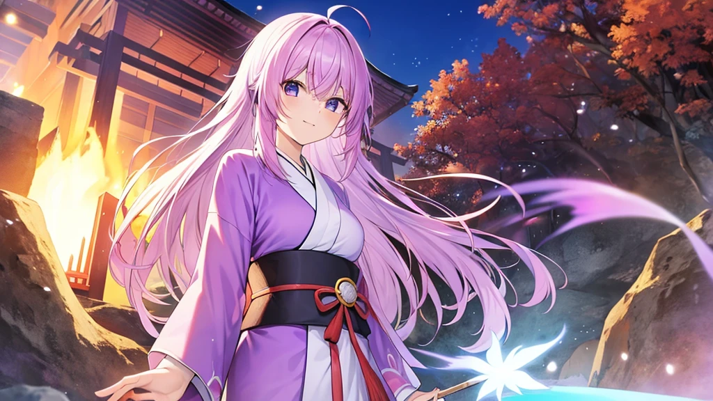 woman　clear　Light purple hair　　kimono　　Anime Style　　Bonfire
