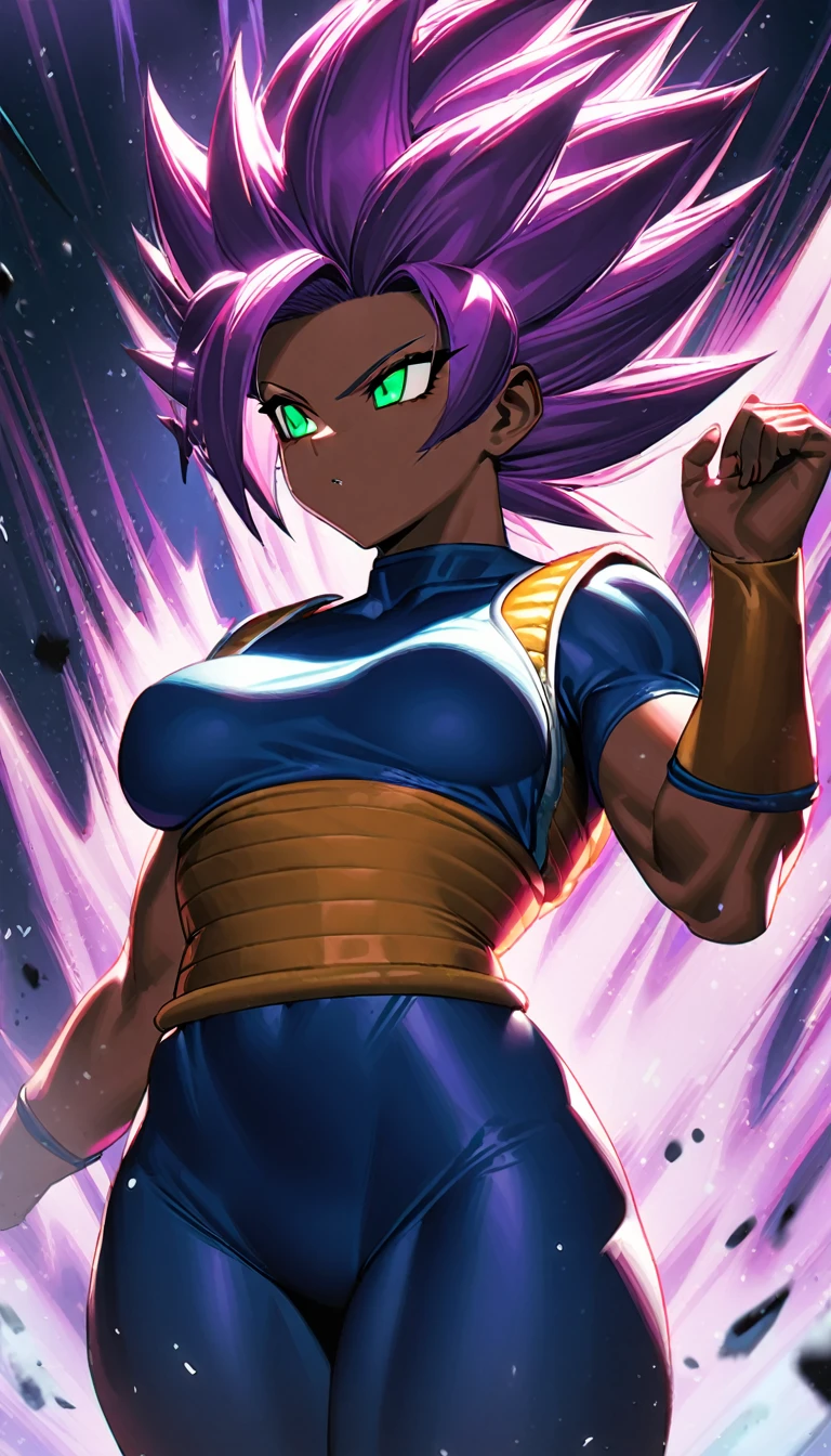 1 girl, alone ,Saiyan, purple hair combed back, green eyes,slim, thin waist, wide hips, brown skin color, medium breasts, blue tanktop saiyan armor, goddess of destruction (dragon ball super),hakai, hakai power, super saiyan, purple rays