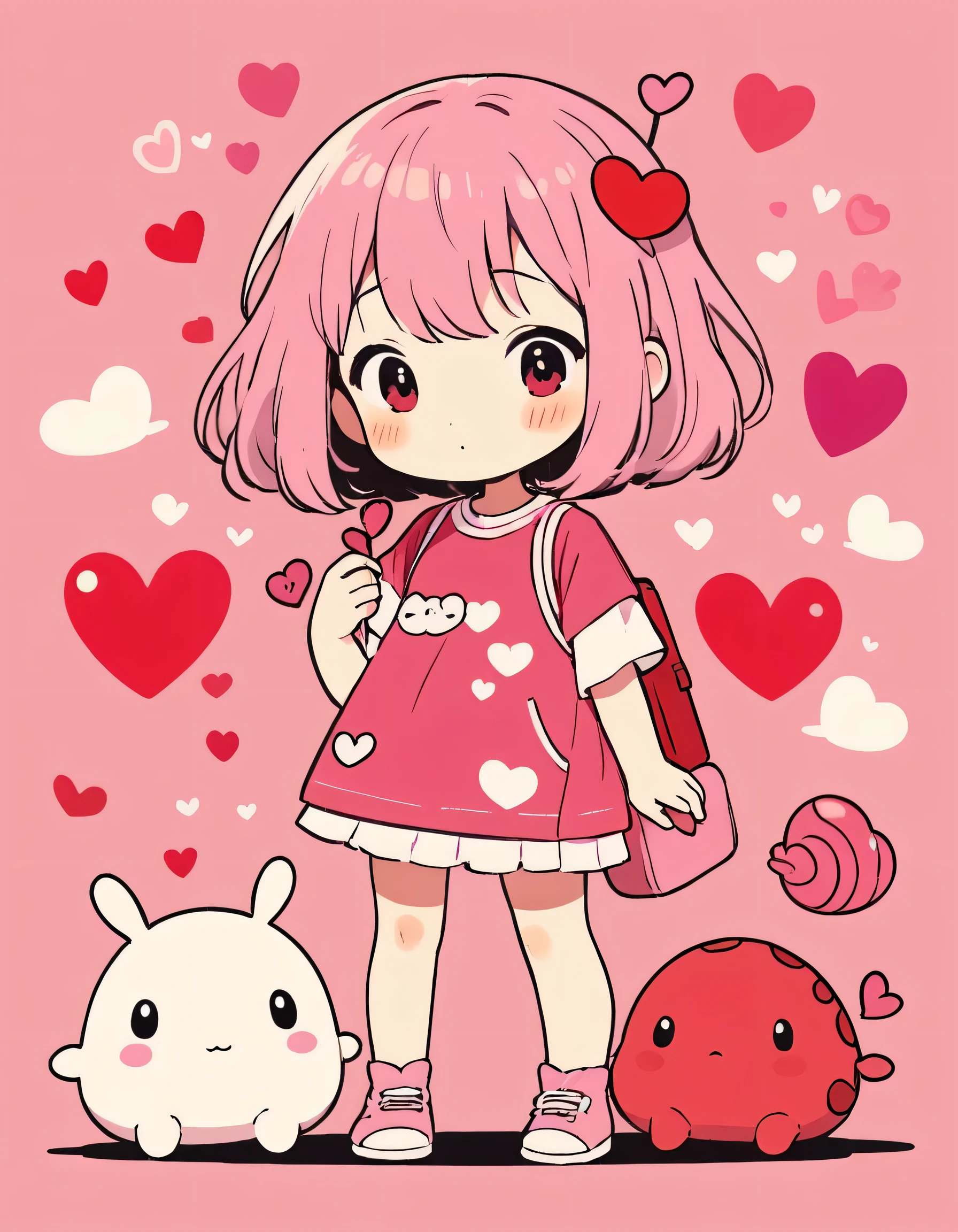 Hayao Miyazaki pink and Red style, Simple Line Initialism,Abstract art,Kawaii Design, The most beautiful girl of all time、chibi, (((Cute pillbugs))), colorful hearts, summer version
