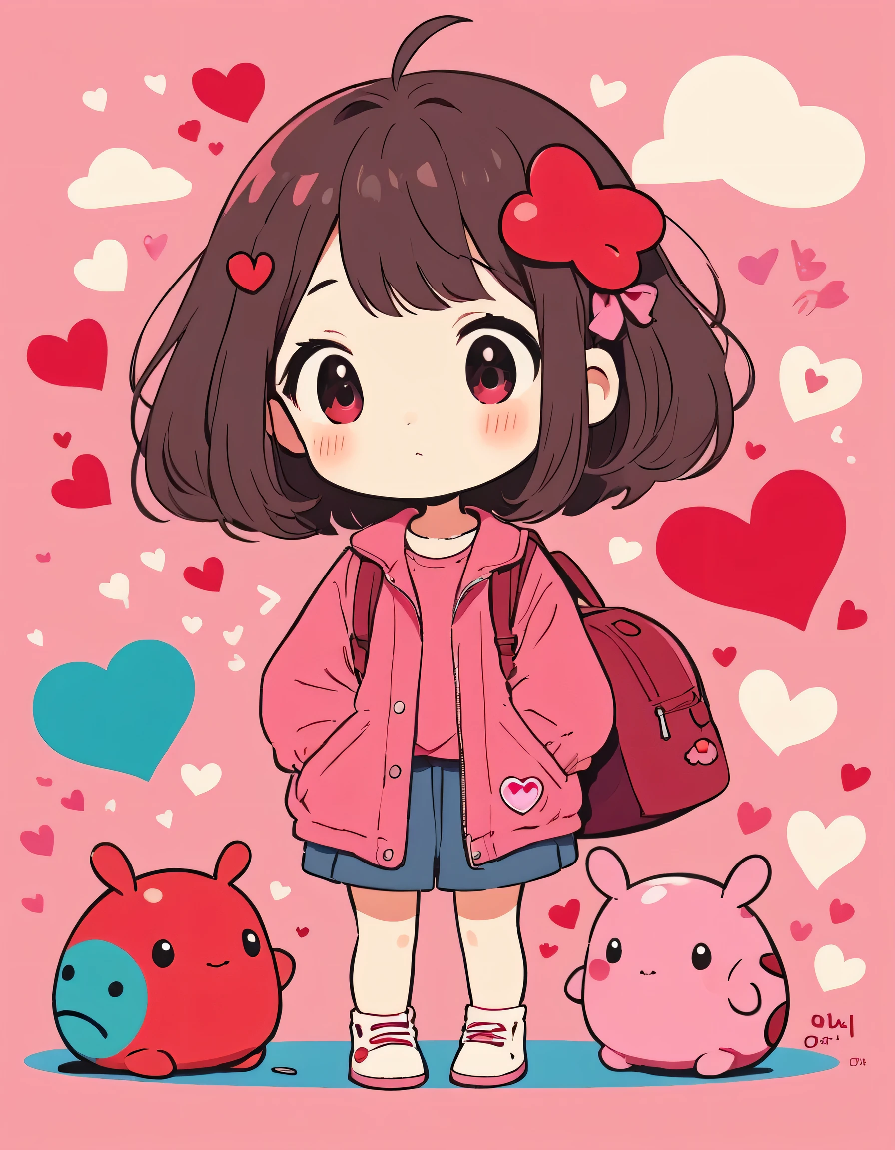 Hayao Miyazaki pink and Red style, Simple Line Initialism,Abstract art,Kawaii Design, The most beautiful girl of all time、chibi, (((Cute pillbugs))), colorful hearts, summer version
