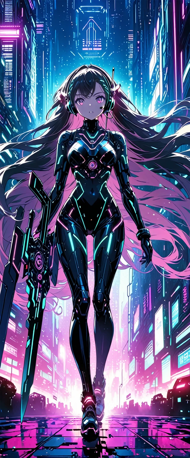 Anime girl wearing a body mecha suit and headset standing in front of a building, curly long hair, holding a big sword, digital cyberpunk anime art, Digital Cyberpunk - Anime Art, anime cyberpunk art, cyberpunk anime girl, cyberpunk anime girl mech, anime style 4k, Best Anime 4K Kona-chan Wallpaper, cyber high school girl, cyberpunk anime art, portrait anime space cadet girl, future anime girl, Dreamy cyberpunk girl