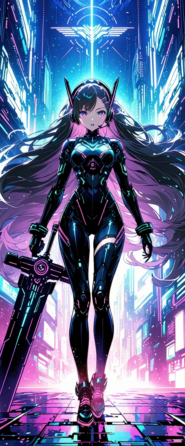 Anime girl wearing a body mecha suit and headset standing in front of a building, curly long hair, holding a big sword, digital cyberpunk anime art, Digital Cyberpunk - Anime Art, anime cyberpunk art, cyberpunk anime girl, cyberpunk anime girl mech, anime style 4k, Best Anime 4K Kona-chan Wallpaper, cyber high school girl, cyberpunk anime art, portrait anime space cadet girl, future anime girl, Dreamy cyberpunk girl
