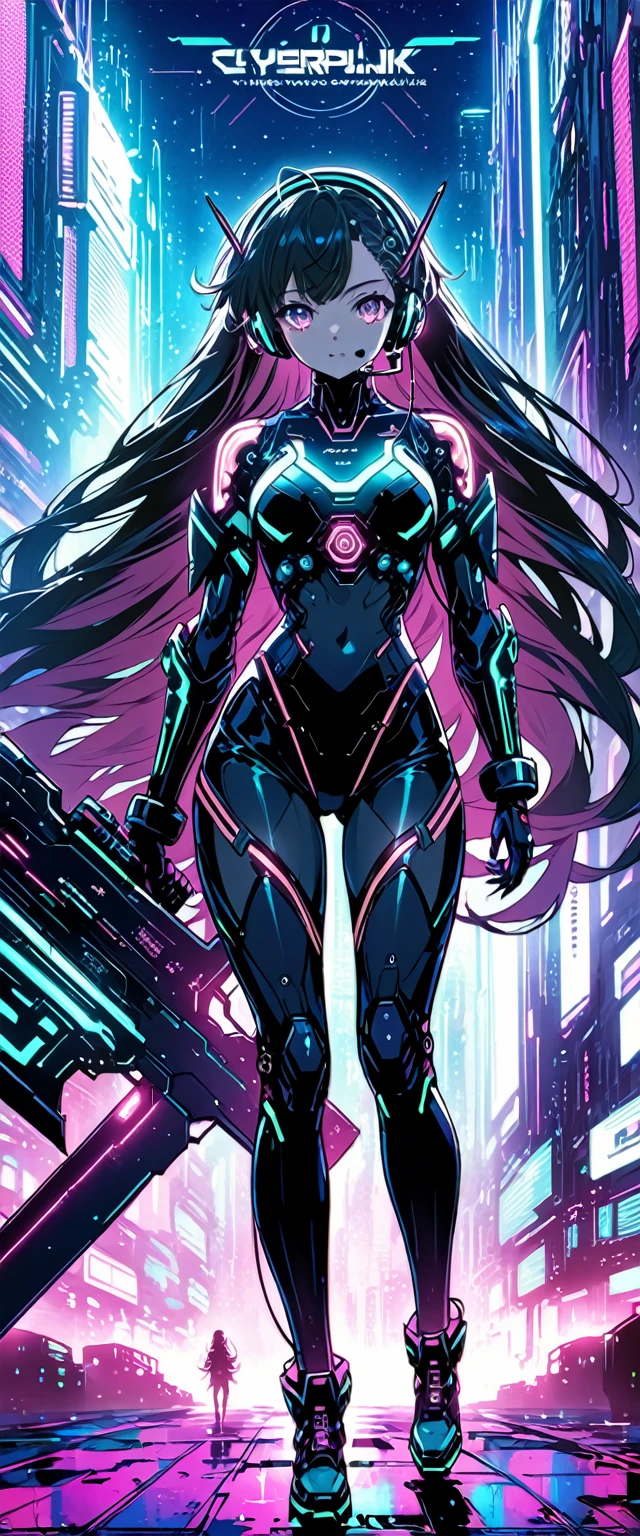Anime girl wearing a body mecha suit and headset standing in front of a building, curly long hair, holding a big sword, digital cyberpunk anime art, Digital Cyberpunk - Anime Art, anime cyberpunk art, cyberpunk anime girl, cyberpunk anime girl mech, anime style 4k, Best Anime 4K Kona-chan Wallpaper, cyber high school girl, cyberpunk anime art, portrait anime space cadet girl, future anime girl, Dreamy cyberpunk girl