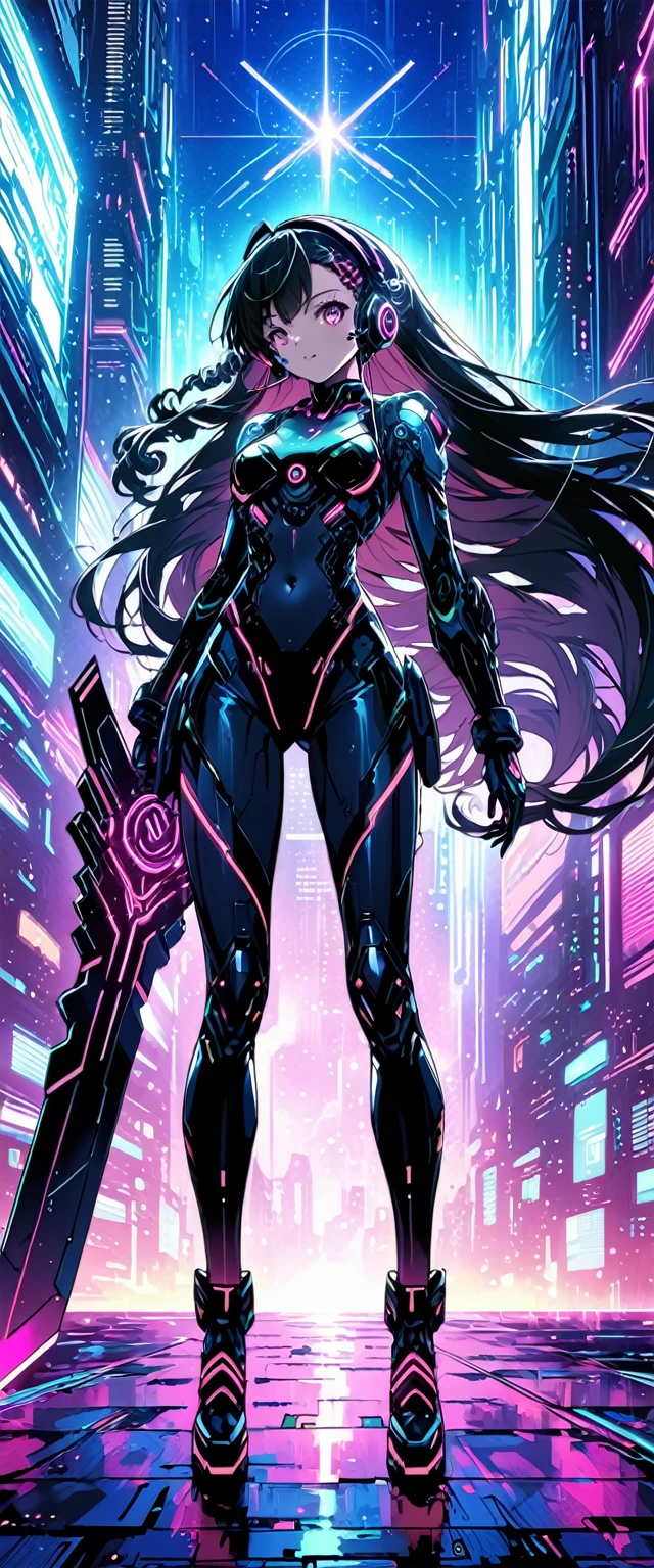 Anime girl wearing a body mecha suit and headset standing in front of a building, curly long hair, holding a big sword, digital cyberpunk anime art, Digital Cyberpunk - Anime Art, anime cyberpunk art, cyberpunk anime girl, cyberpunk anime girl mech, anime style 4k, Best Anime 4K Kona-chan Wallpaper, cyber high school girl, cyberpunk anime art, portrait anime space cadet girl, future anime girl, Dreamy cyberpunk girl