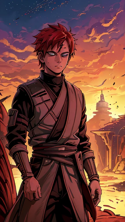 (Teens:1boy: gaara,Star Wars), (extremely detailed CG unit 8k wallpaper),(master part), (best quality), (ultra detali), (best illustration),(melhor ombre), cowboy shot, (Sharp eyeliner, ombre, detailedeyes:1), Konoha Village background, ,break , (star15escola:1.2), hair ornament,short hair ,red hair,