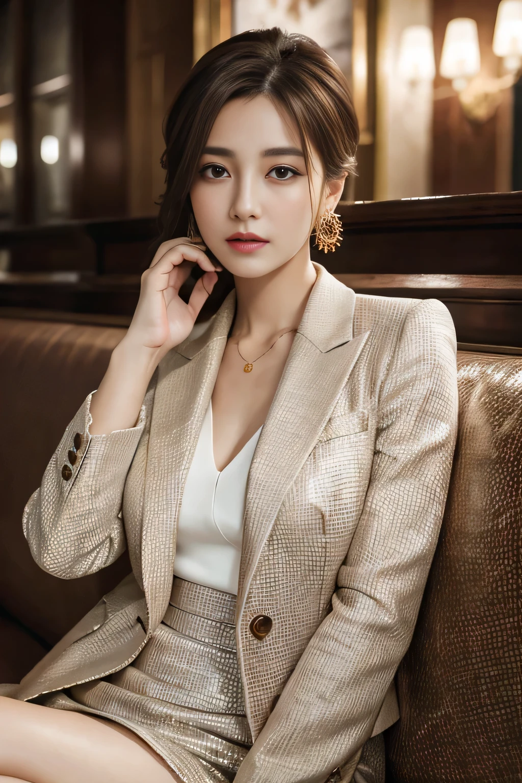 masterpiece, Highest quality, Realistic, Very detailed, Finer details, High resolution, 8k wallpaper, One beautiful woman, Wear a nice suit, In a great restaurant, At night, Light brown messy hair, Perfect dynamic composition, Beautiful and beautiful eyes、Big earrings、Sit on the sofa