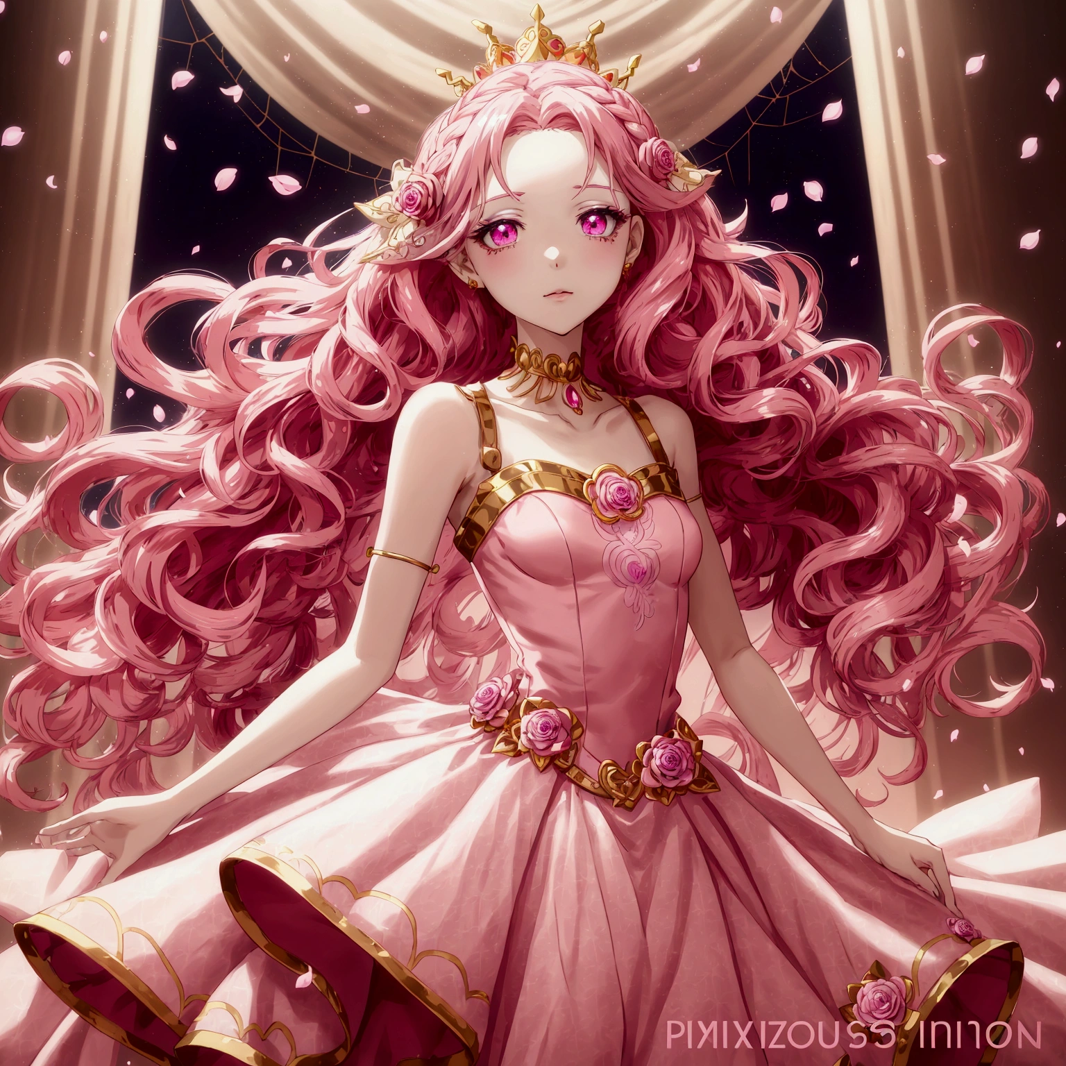 Create an anime-style girl with (((deep magenta eyes and long, wavy pink hair))) ((styled in an elegant frenchbraid)). (((She is slender, and with small breasts))). ((Ensure a full-body shot of her)) wearing a (((magical girl-themed outfit.))) ((The outfit features a fitted bodice with a sweetheart neckline, gold embroidery, and pastel pink accents. The bodice has delicate rose gold spider web patterns. She wears a multi-layered knee-length skirt with a high-low hemline, the outermost layer sheer with gold and rose gold spider web patterns. She has off-the-shoulder puff sleeves, arm-length pastel pink gloves with gold trim, and a gold choker with a red gemstone. The outfit includes a short, detachable sheer cape with rose gold spider web patterns and is fastened with gold brooches. She wears pastel pink ankle boots with gold heels and rose gold laces. Accessories include a gold tiara with a red gemstone and gold spider-shaped hairpins.)) The overall look is regal and ethereal, with magical glowing effects. cutesexy, purinpuon pixiv, no future, a hyperrealistic , hyperrealistic , realistic , seductive (anime girl), smooth anime cg art, beautiful alluring anime , (purinpuon pixiv), ((magical girl)), (masterpiece), best quality, expressive eyes, perfect face ((Highest quality))、((4K))、((Full Body Shot: 1.5))、ultra detailed, masterpiece, best quality, solo ((purinpuon pixiv, no future)) (((purinpuon pixiv, no future)))