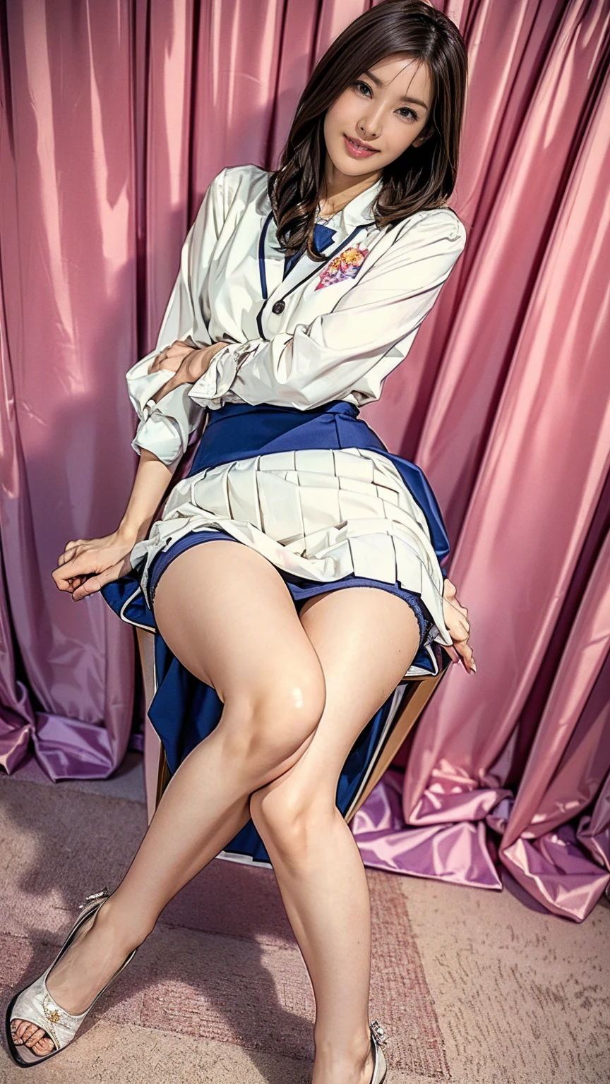 ((masterpiece)),(((Highest quality))),Thin thighs,Long legs,whole body:1.5,(One Girl:1.3),(Black pantyhose and thick pointy heels:1.3),(Wearing a mid-length flared skirt dress with a floral stripe pattern:1.2),Short blonde:1.2、Good pose:1.5、((Crotch focus)), ((Stand with your feet apart)), (((Look up at the camera from your feet、Shot from a low angle with emphasis on thighs and crotch). The best smile:1.5、 Highest quality, Highest quality, High Girl Uniform, Medium chest, Pleated skirt, Medium Curly Hair, Beautiful light brown hair, White blouse, White lace panties:1.2, Showing panties:1.2, Beautiful thighs,Beautiful knees、