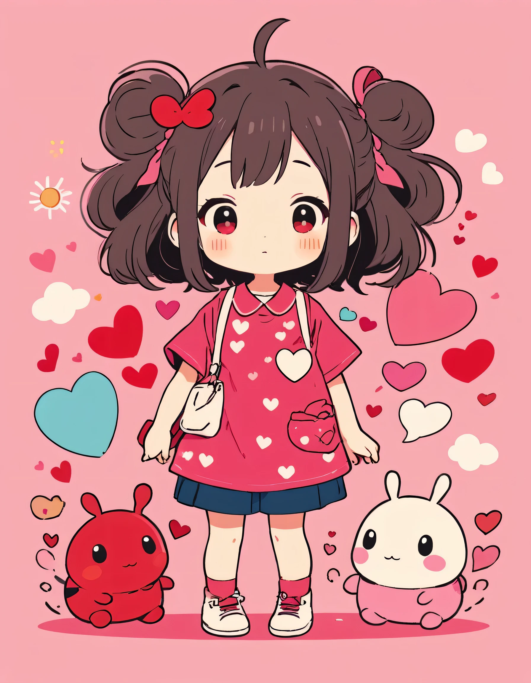 Hayao Miyazaki pink and Red style, Simple Line Initialism，Abstract art，Kawaii Design, The most beautiful girl of all time、chibi, (((Cute pillbugs))), colorful hearts, summer version