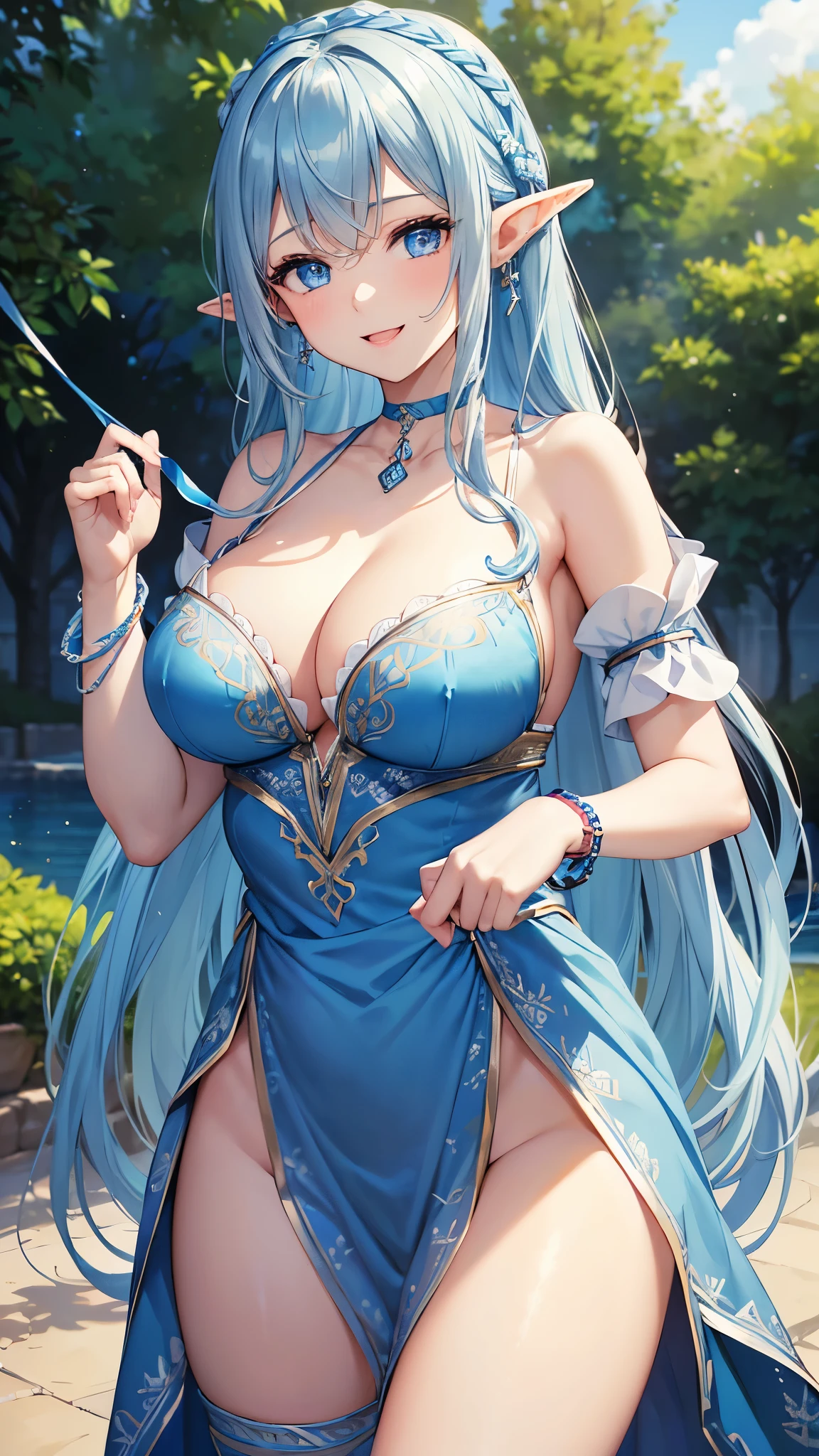 Highest quality、Highest quality、masterpiece、(8k resolution),beauty(Age 25)、(Mature Appearance)、Light blue long hair(Braiding of the sides)、blue eyes、(Blue underwear with detailed embroidery)、(Elf)、Big cleavage、((Very large breasts))、smile、blue necklace、Blue Earrings、background(ice)、Please open your mouth wide、bracelet、Dynamic pose、Blue choker、