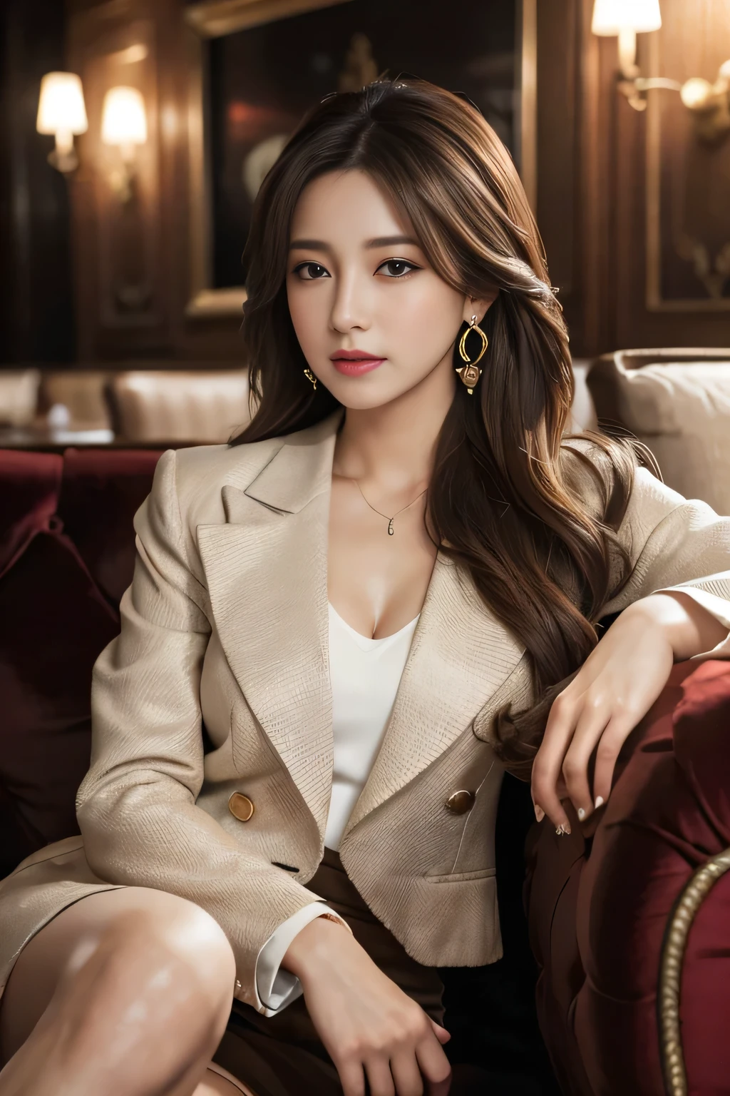 masterpiece, Highest quality, Realistic, Very detailed, Finer details, High resolution, 8k wallpaper, One beautiful woman, Wear a nice suit, In a great restaurant, At night, Light brown messy hair, Perfect dynamic composition, Beautiful and beautiful eyes、Big earrings、Sit on the sofa