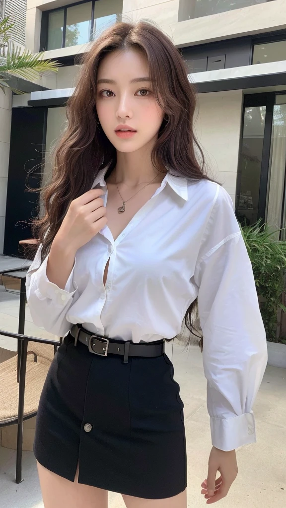 (best quality, high resolution, masterpiece :1.3), tall and pretty girl, slim abs, Dark brown hair with loose wave style, chest, wearing pendants, white button-up shirt, belt, black skirt, (modern architecture on background), Delicately expressed details, face, Including skin texture, detailed eyes, double eyelid, whole body