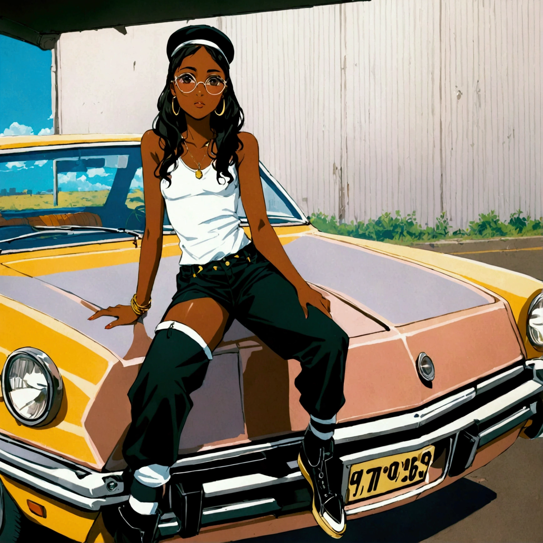 An Anime dark skin African American woman  dressed in 90s hipster attire sitting on the trunk of a yellow  vintage car. The Entire car is in view. 