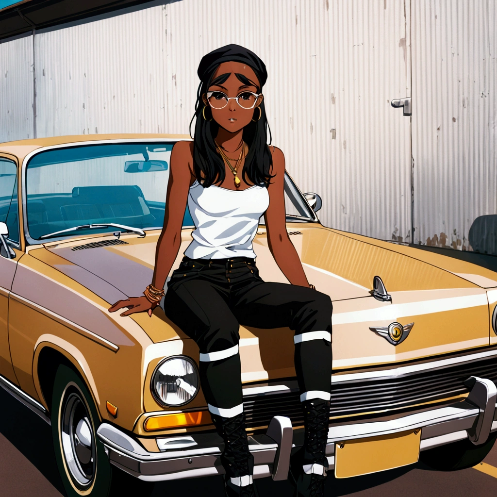 An Anime dark skin African American woman  dressed in 90s hipster attire sitting on the trunk of a yellow  vintage car. The Entire car is in view. 