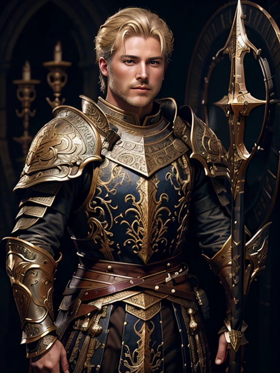 "(Highest quality,High resolution,masterpiece:1.2),Very detailed,Realistic,From the front、Bust Shot、20Old young man、Muscular、tying up blonde hair、Amber Eyes、Professional,Armed warrior class,Large shield,Spear in hand,Vibrant colors,Sharp focus,Studio Lighting"