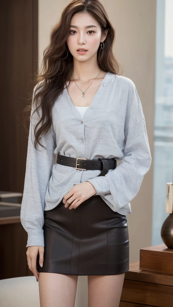 (best quality, high resolution, masterpiece :1.3), tall and pretty girl, slim abs, Dark brown hair with loose wave style, chest, wearing pendants, white button-up shirt, belt, black skirt, (modern architecture on background), Delicately expressed details, face, Including skin texture, detailed eyes, double eyelid