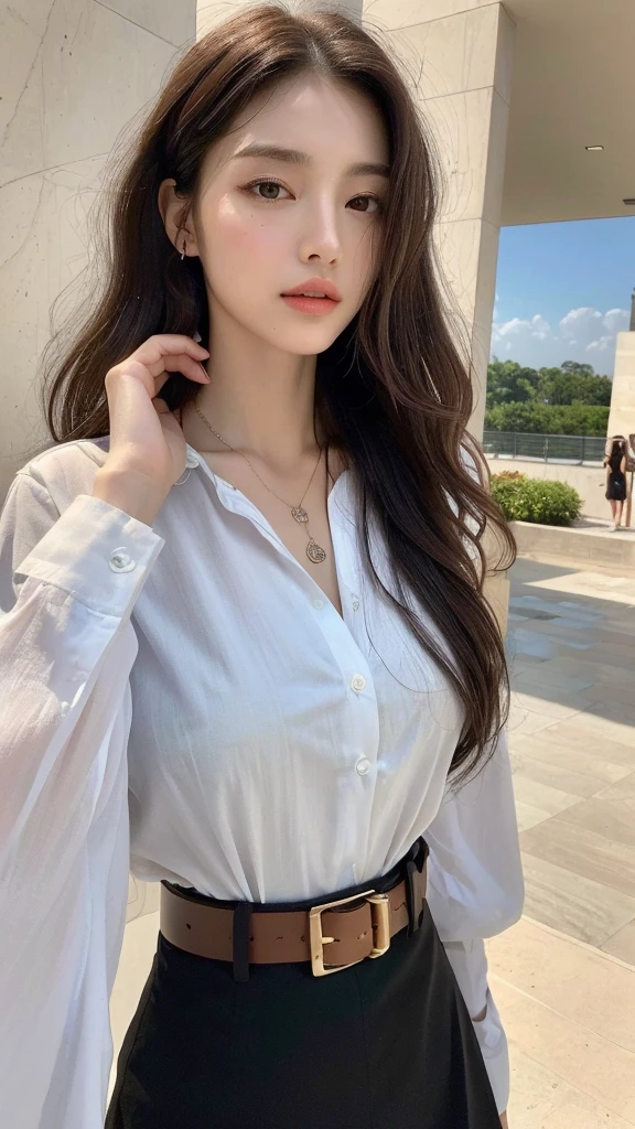 (best quality, high resolution, masterpiece :1.3), tall and pretty girl, slim abs, Dark brown hair with loose wave style, chest, wearing pendants, white button-up shirt, belt, black skirt, (modern architecture on background), Delicately expressed details, face, Including skin texture, detailed eyes, double eyelid