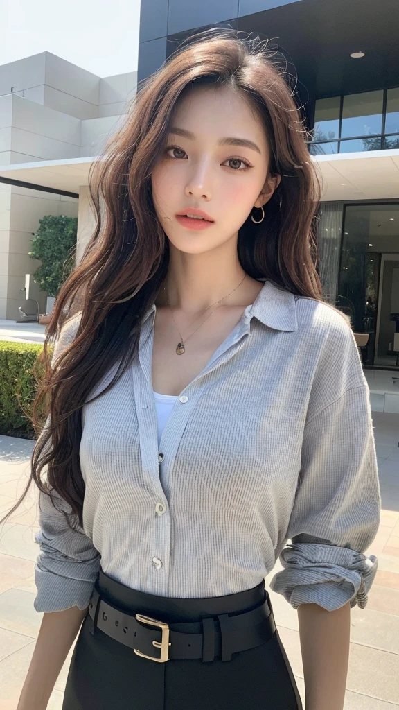 (best quality, high resolution, masterpiece :1.3), tall and pretty girl, slim abs, Dark brown hair with loose wave style, chest, wearing pendants, white button-up shirt, belt, black skirt, (modern architecture on background), Delicately expressed details, face, Including skin texture, detailed eyes, double eyelid