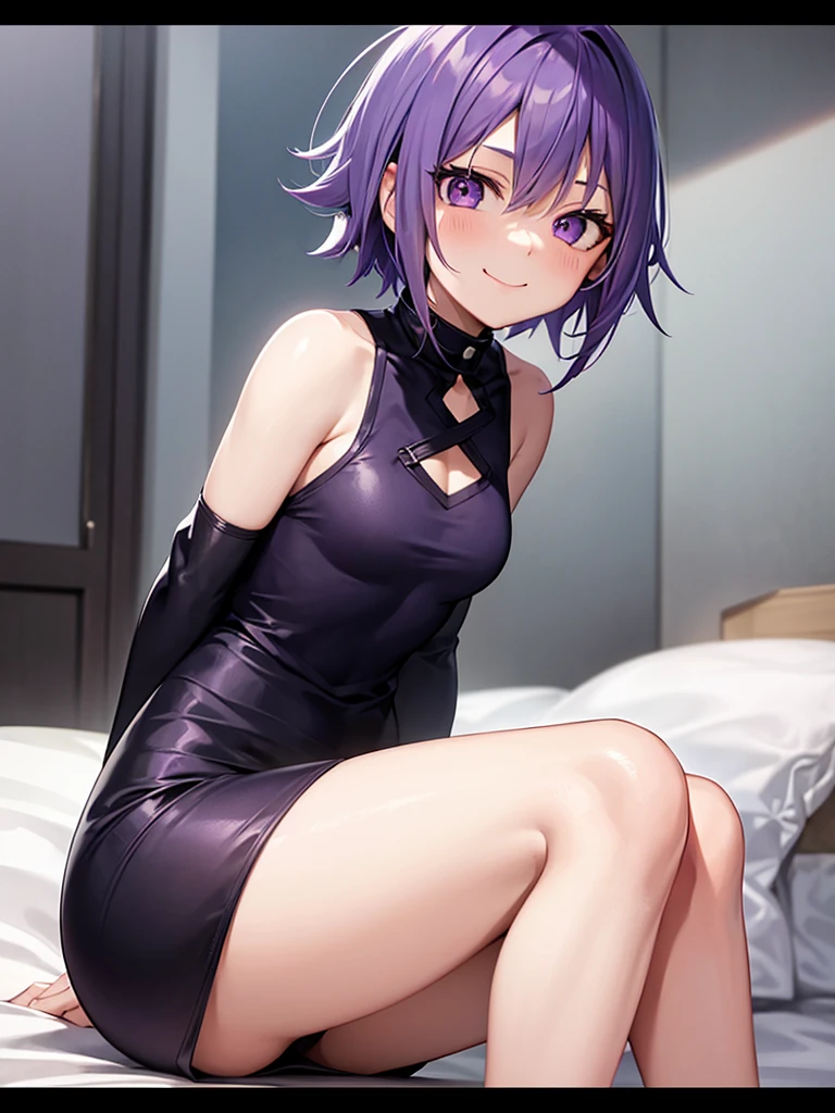Screenshot screencap anime style Boku no hero academia general shot full body, only person, one girl, 16 year old girl, white hair, purple locks, purple higligths, short, short to the shoulders, short hair to the soulders, straight hair, bangs cover the left eye, with total eterochromia, purple left eye and blue right eye, ragged, short, beautiful, expression:, flirtatious, smiling, wearing a tight black dress, sitting sideways on a bed, seductive