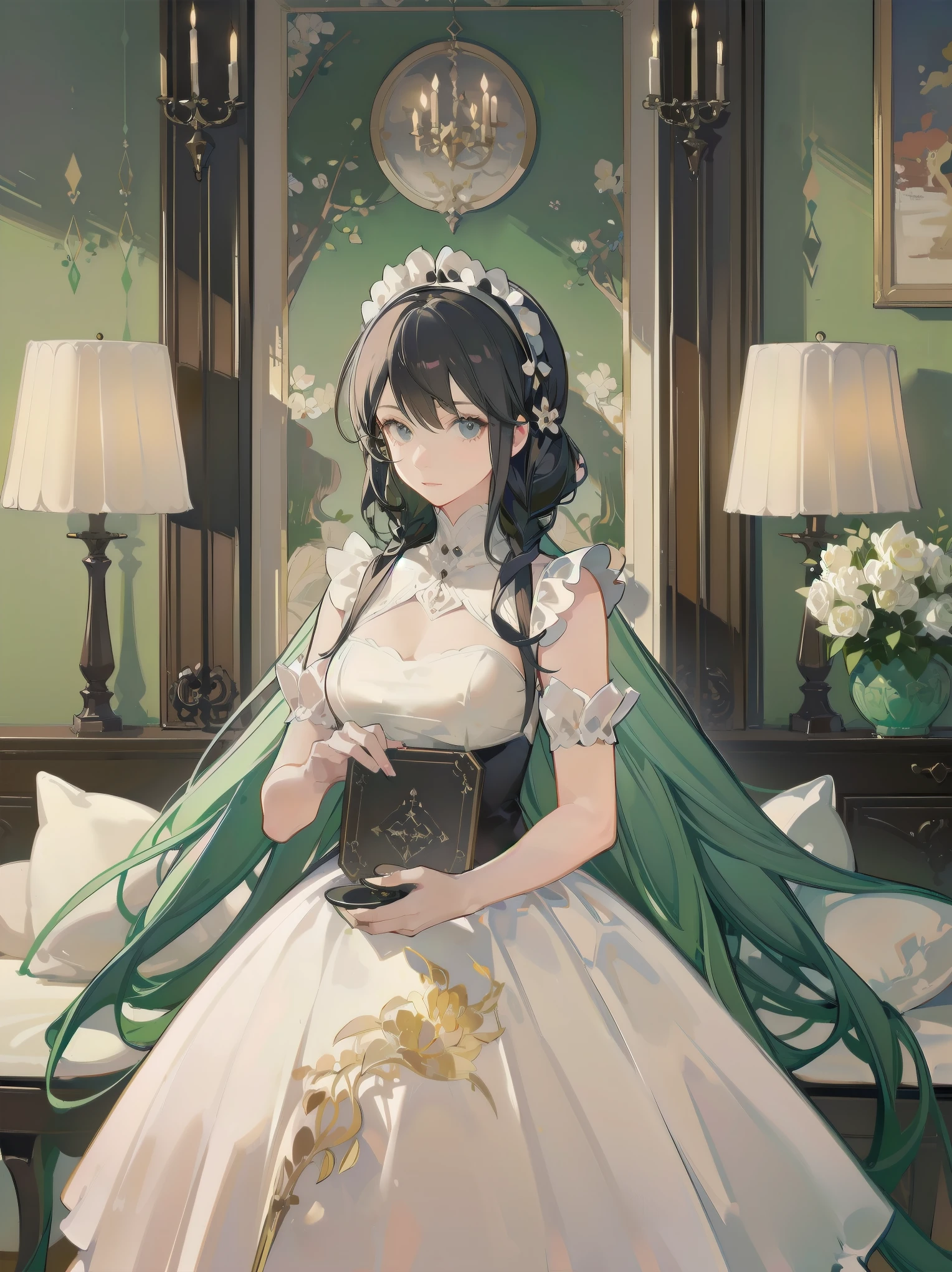 Illustration of a beautiful girl in a cute pose,(Masterpiece: 1.2), (Best quality: 1.2), A cute girl with long black hair, dressed in a classic black and white maid outfit with frilly lace and a matching headband, is standing in a beautifully decorated Victorian-style parlor. She is holding a silver tray with a teapot and teacup, her expression a mix of professionalism and warmth. The background includes ornate furniture, a chandelier, and large windows with heavy drapes, all bathed in soft afternoon light. This illustration emphasizes the elegant and welcoming atmosphere of a high-class tea service