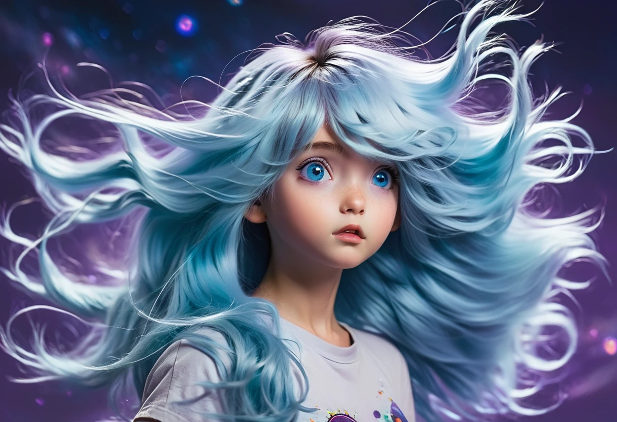 1girl, long light blue messy hair, hair bangs, hair blowing in the wind, purple eyes, cosmic background