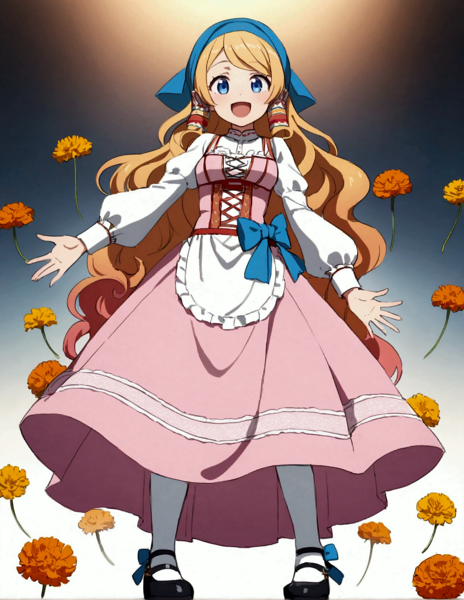 golden orange hair, gradient hair, very long hair, swept bangs, sidelocks, curly hair, wavy hair, (((((head scarf))))), head bandana, pink apron, flower in hair, marigold, orange flower, dirndl, pink dress, pink dirndl, long sleeves, waist apron, white apron, bow on waist, blue bow, , polish clothing, Slavic clothing, Hungarian clothing, anime, cute,, solo, exaggerated expression,  smile, open mouth, blue eyes, white stockings, black shoes, full body