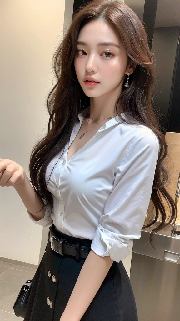 (best quality, high resolution, masterpiece :1.3), tall and pretty girl, slim abs, Dark brown hair with loose wave style, chest, wearing pendants, white button-up shirt, belt, black skirt, (modern architecture on background), Delicately expressed details, face, Including skin texture, detailed eyes, double eyelid