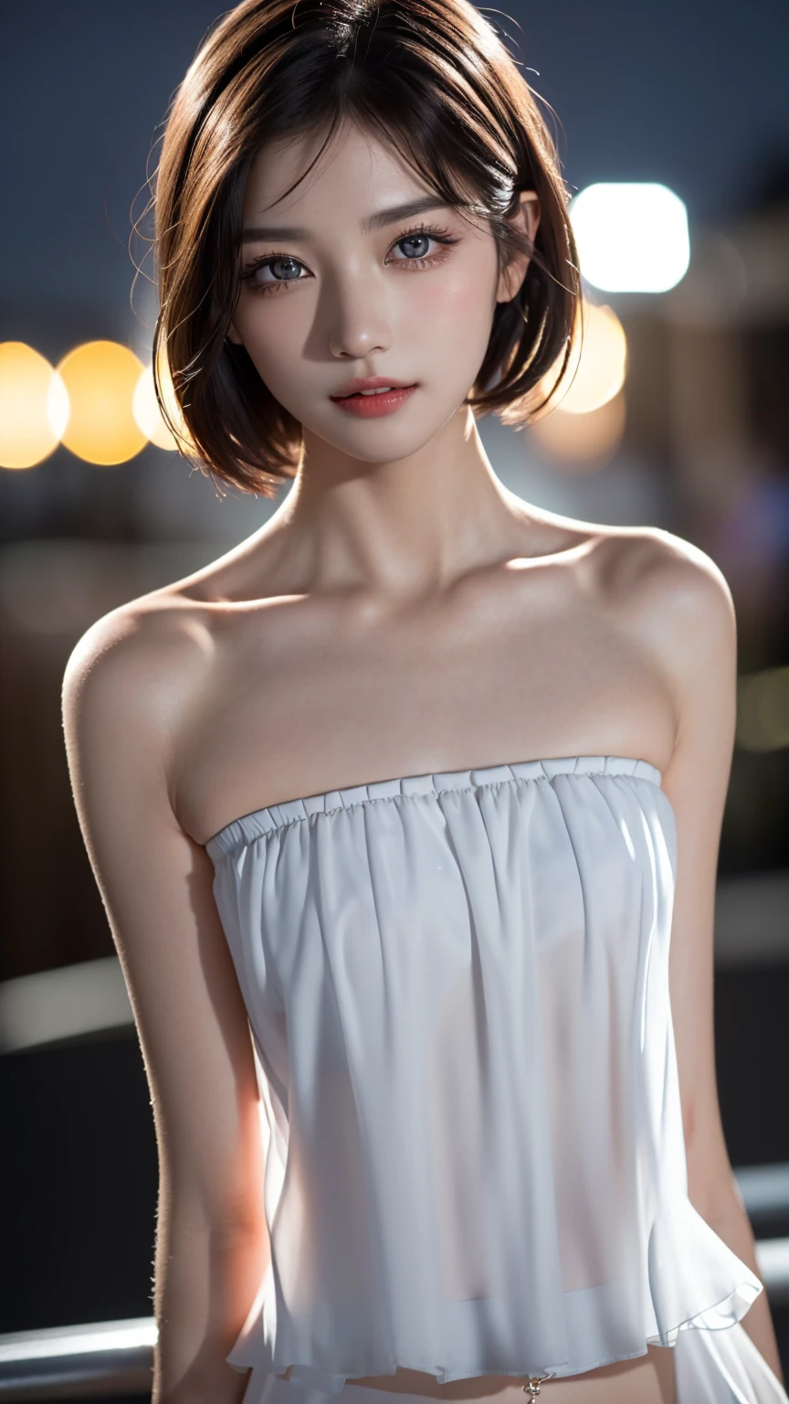 masterpiece, beautiful girl, Brown eyes、A beautiful, goddess-like smile、((Lighting the face:1.5)、((No underwear:1.9))、Exposed armpits:1.4、detailed, Beautiful Eyes, (Wear a revealing, thin, transparent, strapless camisole:1.7)、(Brown short bob cut:1.5)、highest quality, 超A high resolution, (reality: 1.4), Original photo, One Girl, Cinema Lighting, (Laughter:0.6), Japanese, Asian Beauty, Korean, Proper, Truly beautiful, A slightly younger face, Beautiful skins,Orange Hair、 slim and small breasts, Wear a strapless camisole that flatters your figure:1.6、Night view background, (Ultra-realistic), (Raise awareness), (High resolution), (8k), (Very detailed), (The best Raise awarenessns), (Beautiful and detailed eyes), (Super detailed), (wallpaper), (Detailed face), Looking at the audience, Detailed, Detailed face、Deep Shadow、Inconspicuous、Pure erotic face ace_v1、46 point diagonal bangs、Look straight ahead、I can see her small breasts, Flat Chest、Brown eyes、