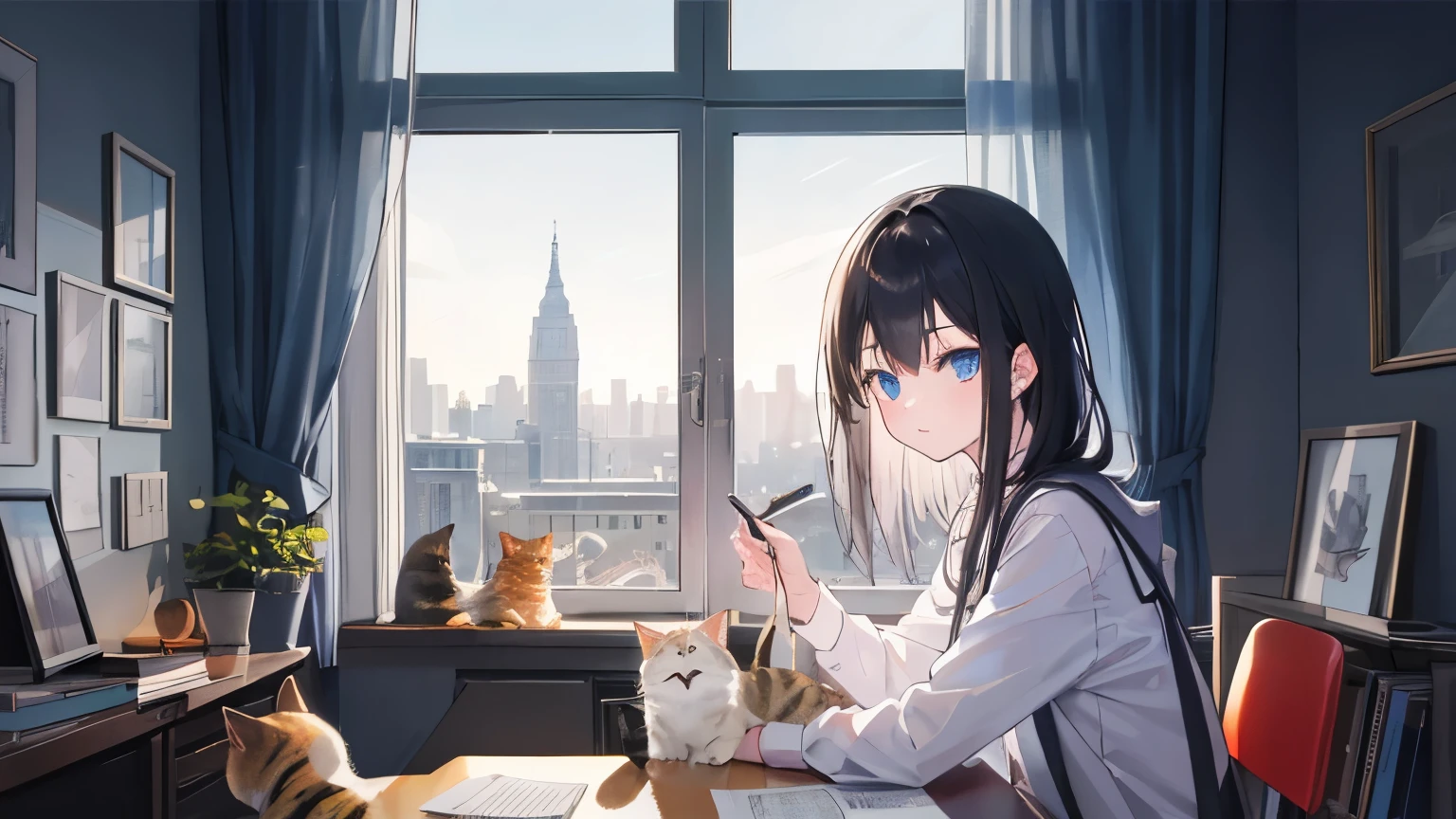 ((ultra quality)), ((work of art)), (detailded), 1 girl, in your room studying, with a cat by your side, a window in the background and glowing buildings through it at night