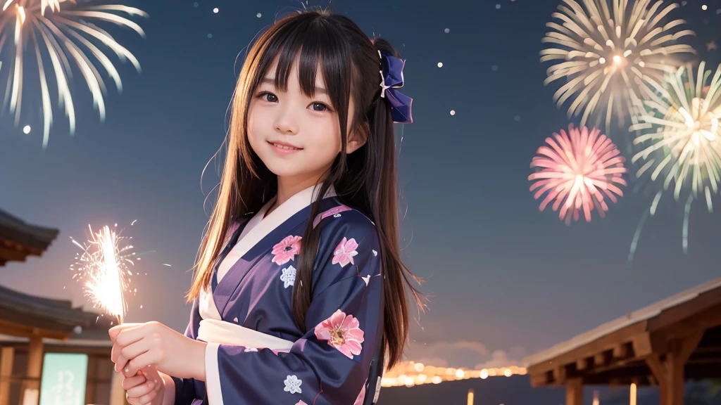 very cute、11 years old、girl、Long Straight Hair、Beautiful yukata、Night Sky、Countless fireworks、smile、






















