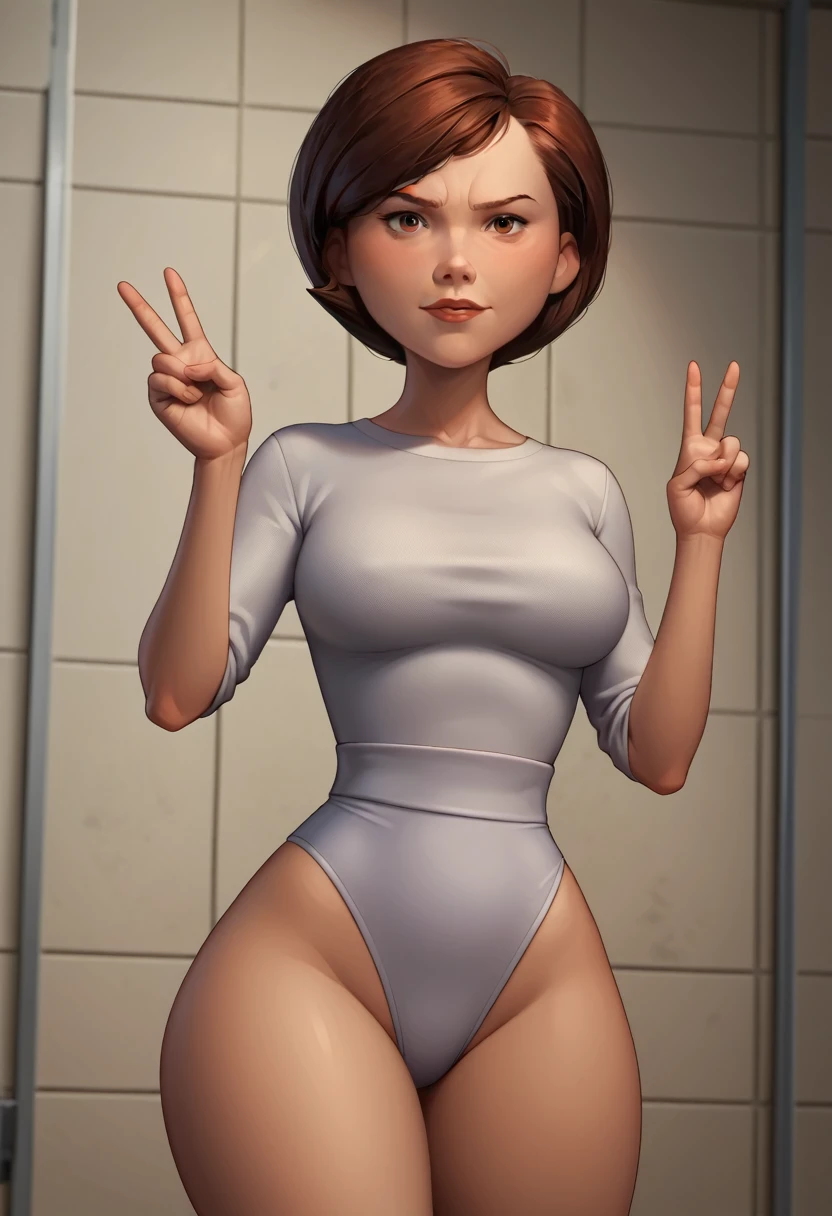 Helen Parr, 1 girl, brown hair, eyes browns, peace sign, uniforme incredible red, Tilt your head, cowboy shot, very big tits, (breasts marking), big-ass, beautiful curves, coxas nuas, nice legs, 正面, 1 girl, standing alone, gazing at viewer, all-body, pose, best quality, no flaws