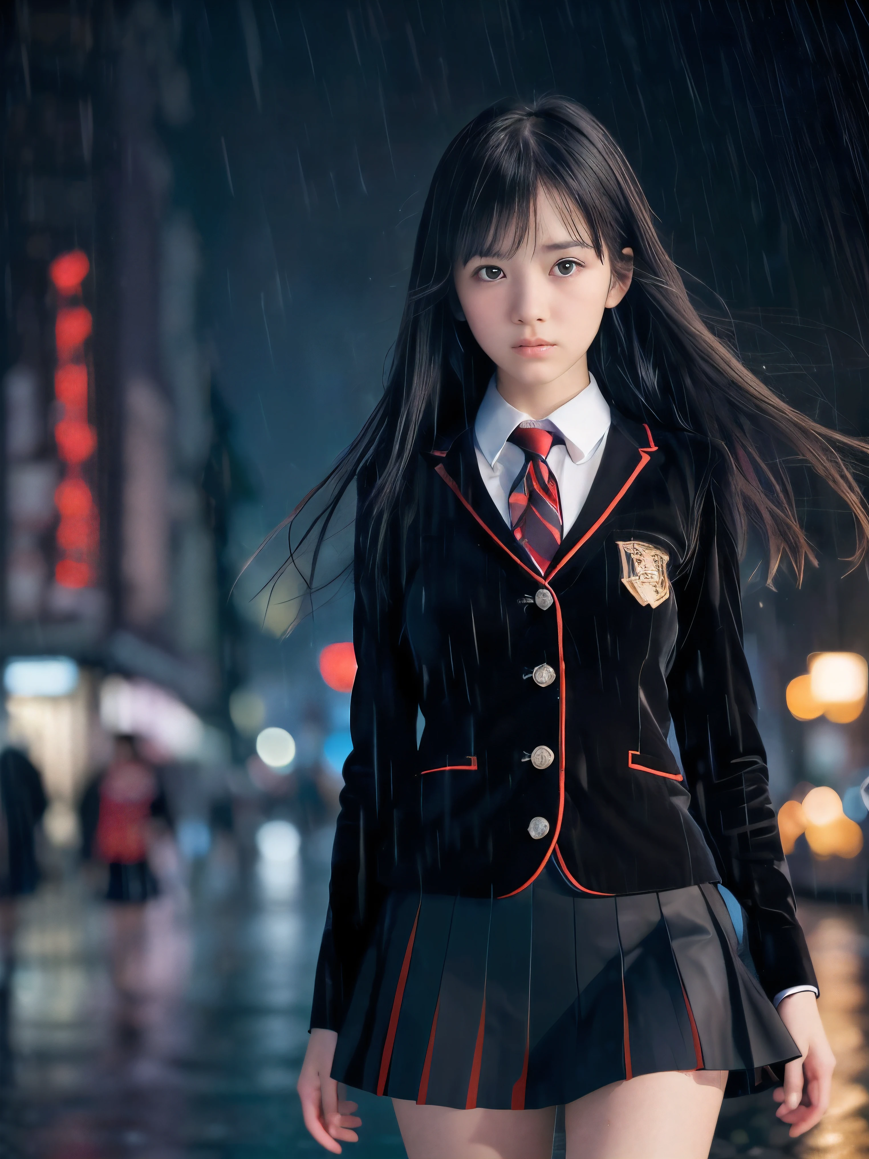 (Close up face shot of one slender small breasts two side up black medium hair bangs girl in long sleeves black school uniform:1.5)、(One girl is walking with crying face on the main street in the rain at midnight:1.5)、(At skyscraper city landscape in heavy rain midnight:1.5)、(blurred background:1.5)、(8k ultra detailed master piece:1.5)、(perfect anatomy:1.5)、(Photorealistic stick:1.5)、(Raw photo:1.3)、(highest quality:1.5)、(High resolution:1.3)、(Delicate and beautiful perfect face:1.3)、(Delicate and beautiful eye air skin:1.3)、(Real Human Skin:1.3)、((thin legs))