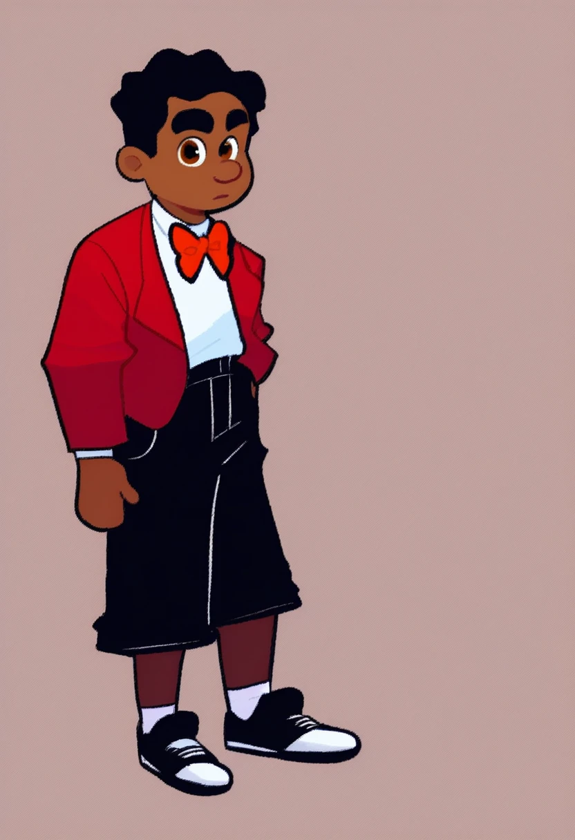 bitterman_carlito, dark skin, bowtie, red bow, red suit, white shirt underneath suit, long sleeve. hispanic, 1boy, solo, full body, shorts, black shorts, black shoes, black hair, brown eyes. simple background, amanditas4_style, standing, thick eyebrows