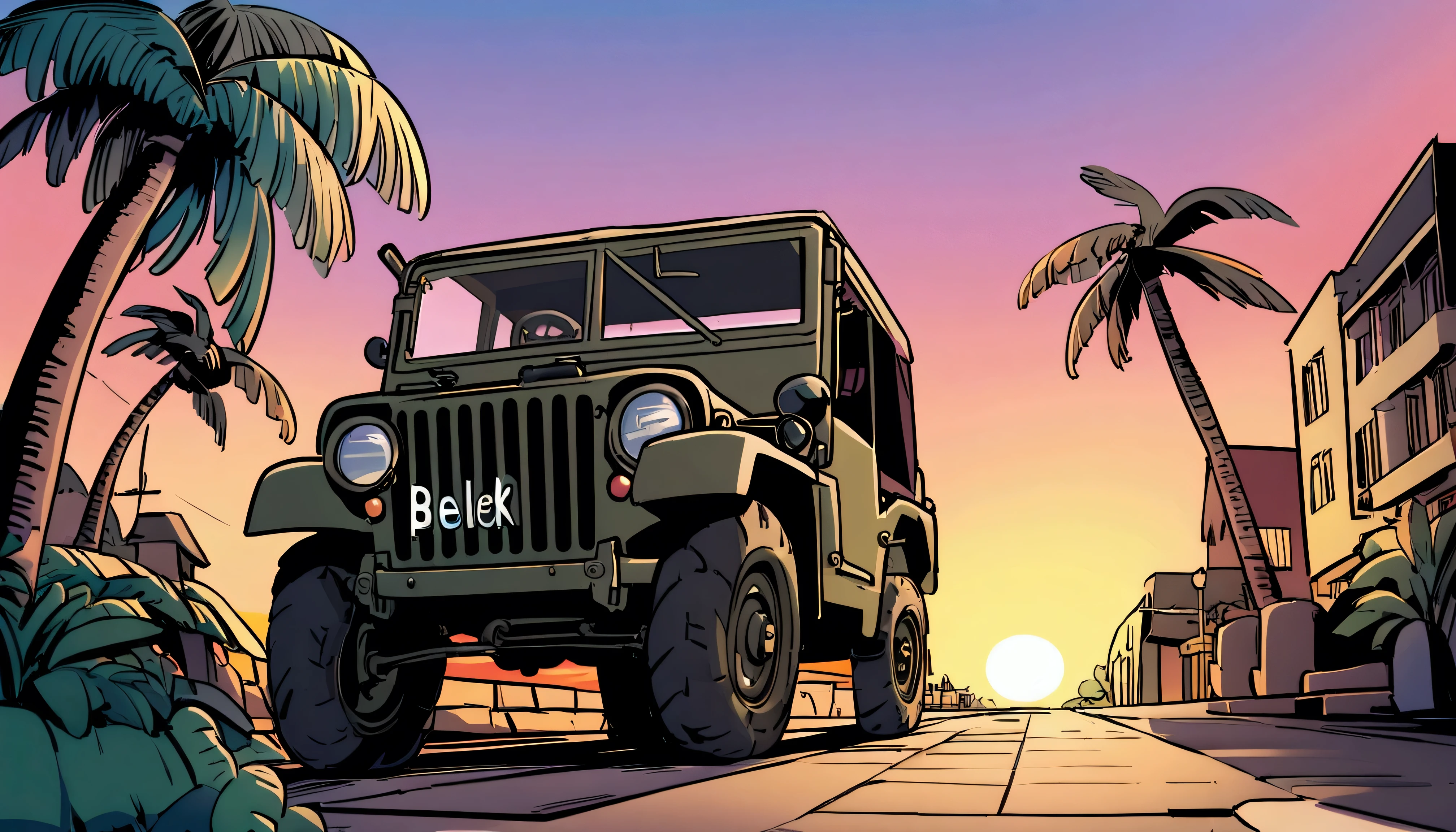 ((TShirt Design)), Ford GPW, Sunset background, Palm tree, Layers with 5 colors, Corner Street, Belek's Drums, Plethean,