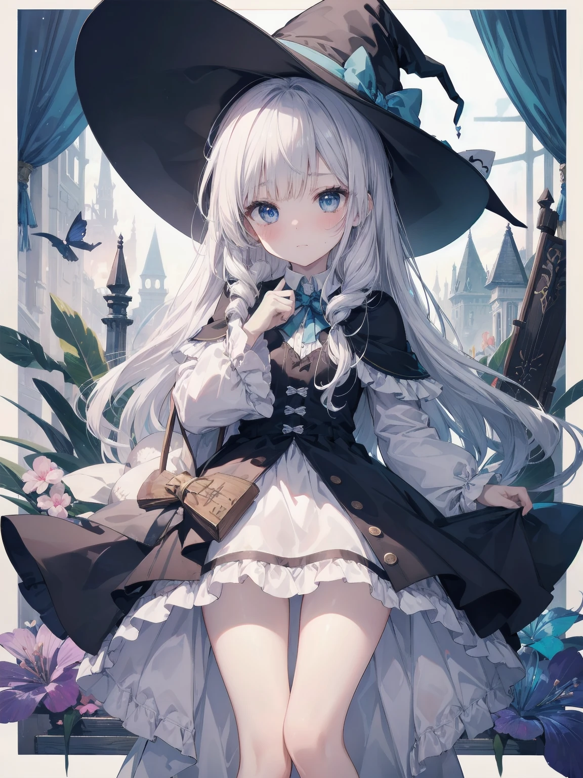 🎶, (🧙‍♀️), ✡, ✨(black hat), , Alice in Wonderland, Alone, very beautiful, cute, adorable, embarrassed, alone, blue eyes, white skin、look at viewer、looking up,kawaiitech, pastel colors, kawaii, cute colors,Alice in Wonderland, alone, very beautiful, cute, adorable, embarrassed, alone, blue eyes, white skin,skirtlift
