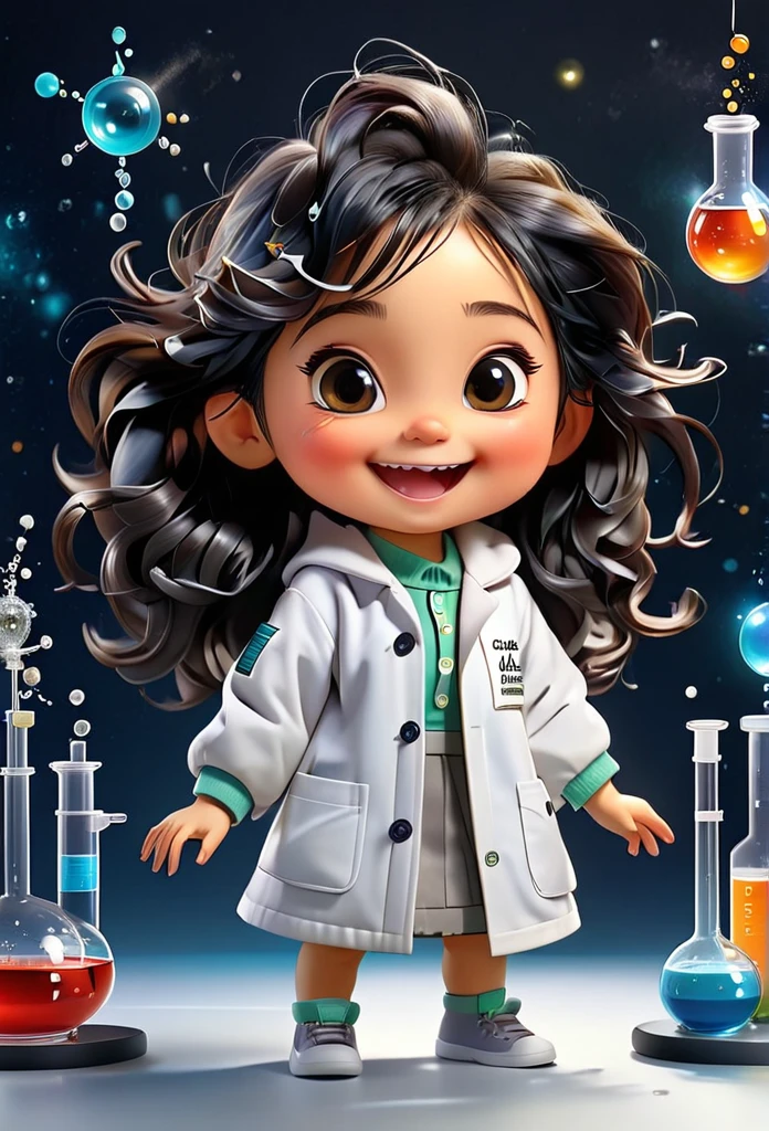 Chibi Baby Chemistry Mascot MASCOT, atoms, Molecules ,Has black hair , Blind box style and model with popular market style, The sunlight shines, , hyper qualit, sharp features, Ultra HD and 8K resolution,Cool Hand Drawn Illustration,fly away (Inside out disgusting), Create a series of best quality cute chibi dolls,ultra details,realisitic,Science Laboratory,Chemical experiment,ultra HD, chemical equipment,scientists working,cups,UHD Bunsen Burner ,Microscope,laboratory glassware,measuring cylinders,labcoats,Round nerd glasses ,science books,Periodic table,scientific research,discoveries,new inventions,innovation,aprendizagem,education,Scientific culture wears coat with details of buttons and brooches , her coat is charming and cute with ultra chemical details ,Curiosidade,Technological advancements,swirly vibrant colors,soft lighting,modern laboratory,nerdy atmosphere,laboratory instruments,hypothesis testing,Scientific method,symbolic representation,Critical thinking,experiments ,precision,precision,Intricate details,impressive scientific setup,natural elements,exploration of the mysteries of science,unlocking the secrets of nature. Baby chibi is happy and excited, remember to use chemical laboratory glassware, The chalkboard behind the cute chibi baby is written the structure of caffeine in white chalk 18K UHDBlack hair, very long hair, American propaganda poster, shine light, 3D rendering,