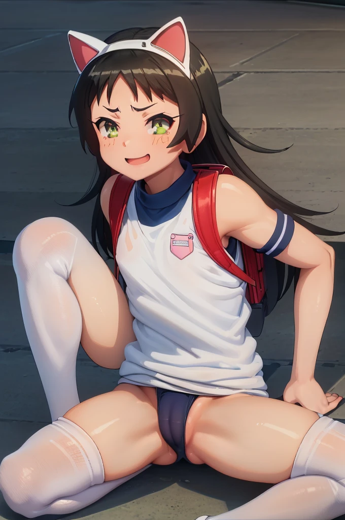 masterpiece, ultra quality, ultra sharp, ultra detailed, 1girl, solo, (((good anatomy))), haduki kurumi, (tattered torn dripping wet white gym shirt), navy gym pants, animal ears, randoseru, name tag, Japanese anime pose, laugh, BurumaShorts, Buruma, Gym Uniform, (((sitting, squatting, spread_legs, legspread, split_legs, spreading legs)), (randoseru backpack:1.4), (smirk smile):1.3, opened mouth, buruma, blue buruma, black buruma, (cameltoe), (tattered torn short sleeve white gym uniform with colored hem), (tiny nipples), (white long loose socks), strong lighting, legspread, bukkake, cum on clothes, cum on legs, cum on buruma, cum on bloomers, (spreading pussy by hands), peeing over buruma