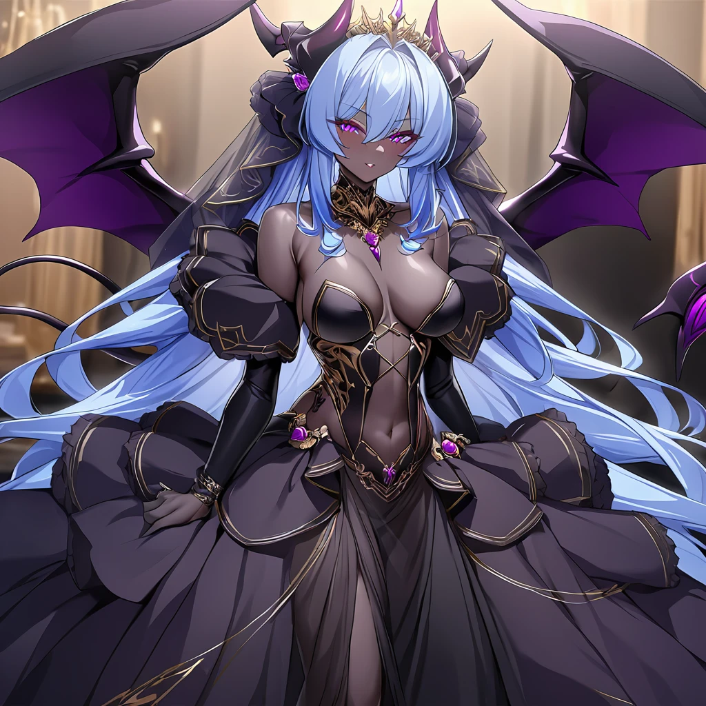 ((Highest quality)), ((masterpiece)), (detailed), (Perfect Face)、The woman was a beautiful, jet-black archdemon with jet-black skin, the evil queen of the demon world, Devil Queen Extia, with medium-long blue hair, wearing a gorgeous black wedding dress with gold embroidery and trim, a black wedding veil, an engagement ring, and luxurious accessories, a beautiful, elegant archdemon, the Demon Queen, lavishly decorated and jeweled.、A beautiful, jet-black-skinned demon with magnificent devil horns, devil wings, and a devil tail.