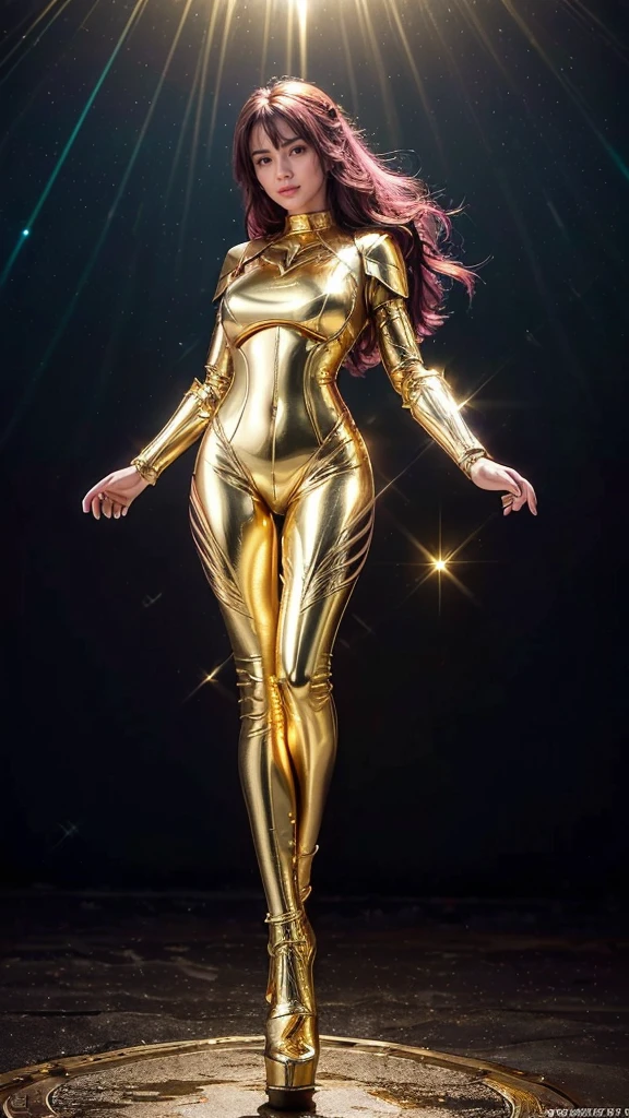 ((best quality)), ((masterpiece)), (ultra detailed lights), ((full body:1.3)), ((skinny body)), 1girl, extremely beautiful, ((slim body)), thighs gap, ultra face details, 20 years old, ((pink curvy-hair)), ((hair blown by strong winds :1.3)), Award-winning photograph, ((symmetrical pose)), ((full body golden armor)), posing in the middle, intricate details, ((thight golden armour)), ((extremely details armor)), ((tight latex pants)), ((full thighs golden armor)), ((24k-gold armor)), ((edge luminous armor)), cameltoe, luminescent, epic lights reflections, at beach, full of stars, orange clouds, nebula sky, aurora borealis, shooting stars, ((from below))