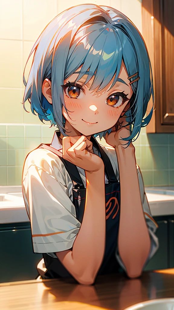 1 girl、Anime Images、kitchen、Delicious food、shrimp、Shiny light blue hair、Short Bob Hairstyles、Tie your hair with an orange hair clip、Beautiful brown eyes、smile、Upper body close-up、Sharp contours、Background Blur、Written boundary depth