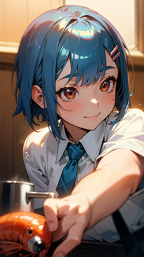 1 girl、Anime Images、kitchen、Delicious food、shrimp、Shiny light blue hair、Short Bob Hairstyles、Tie your hair with an orange hair clip、Beautiful brown eyes、smile、Upper body close-up、Sharp contours、Background Blur、Written boundary depth