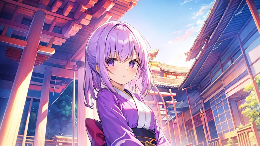 woman　clear　Light purple hair　　kimono　　Anime Style　　Temple
