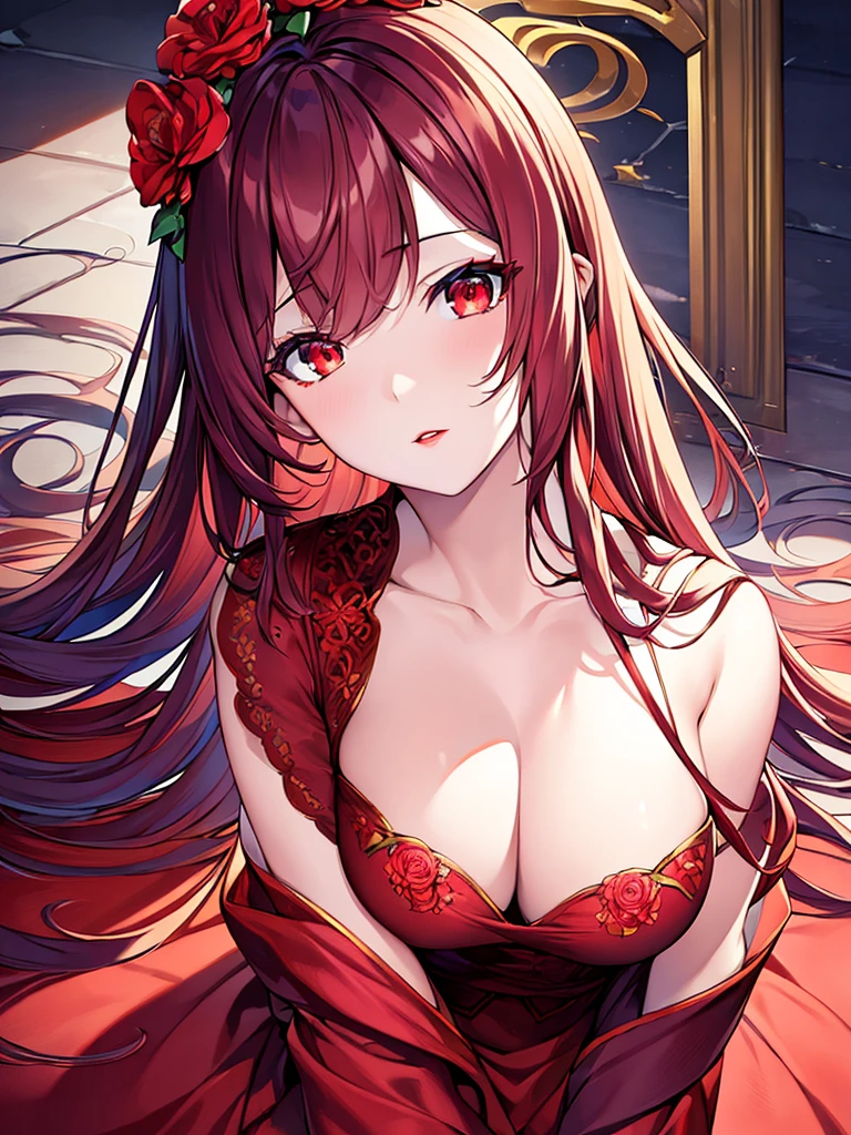 (masterpiece),(Highest quality:1.0), (Ultra-high resolution:1.0), Detailed illustrations, 8k, anime, One girl, beautiful anime girl, Wearing a red dress, Flower Crown, Pretty face, Detailed face, Beautiful Eyes, Detailed eyes, Dark red eyes, Bright red lips, Red lipstick, Beautiful and stylish hair, Hair highlights, bangs anime style, Highest quality, Vibrant