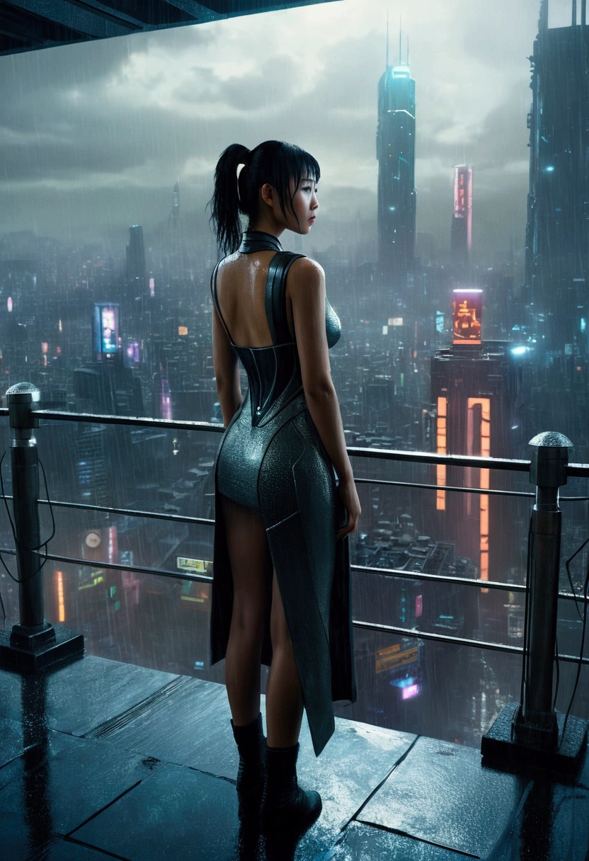 A realistic image of a futuristic city inspired by the movie "Blade Runner", with a beautiful asian girl standing on the terrace of a skyscraper overlooking the city. It is raining and the scene has a 16:9 aspect ratio (please include the terrace roof)), seen from three-quarter behind