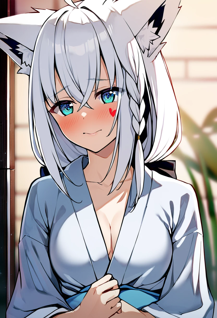 one girl, Shirakami Fubuki, fox ears, white hair, yukata, cute, beautiful, my girlfriend, love me, heart marks, upperbody focus, shy, medium breasts