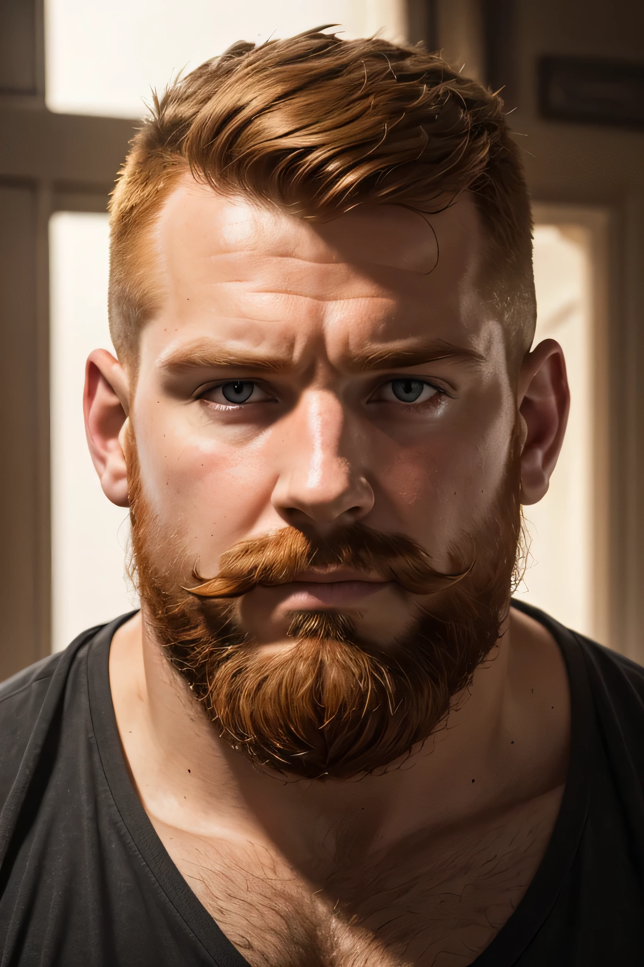 (8K, high definition, high quality, highly detailed) Chubby-faced handsome gingerhead. headshot. not looking at the camera. dramatic lighting. full beard. thick mustache.