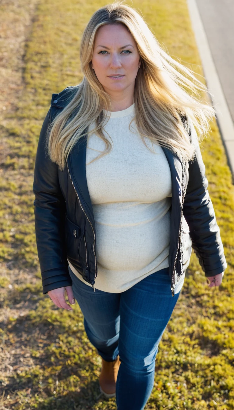 Fat woman, 40 years old white Caucasian woman walking outside, day time, Mississippi, Gulfport, cold winter day, long straight blonde messy hair, casually and daily dressed, big hips, thick thighs, casual winter clothed, natural big breasts, Full Body Shot, From Above View, High Angle View, selfie, serious, close up selfie point of view, acne face