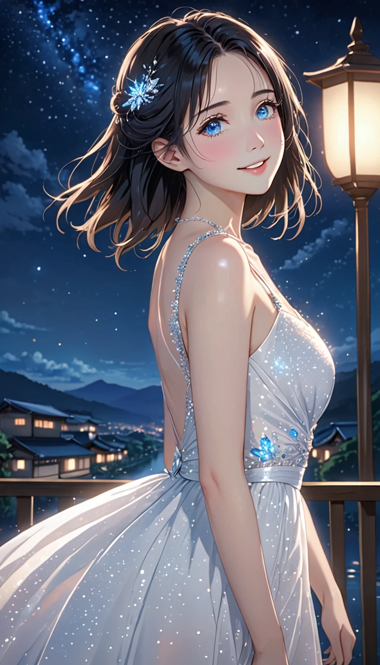 National Science Foundation,masterpiece,High resolution,8k,art,refer to,Kyoto Animation Style,Your Name movie style,To the camera,night,midnight,Light,(1 female: 1.3),(alone: 1.4),Sparkling Light Evening Dress,(Wearing a white dress),(Woman wearing a beautiful formal dress),Pure white dress,Elegant dress with Swarovski crystals,Crystal Hairpin,Long eyelashes,Thin legs,(Medium Hair),(Black Hair),Feminine poses,Sexy pose,close of upper body,Close-up,(Show upper body),Night starry sky,Eyes as deep as the starry sky,(Pale blue eyes),Moist eyes,Shining beautiful eyes,Blushed,shy,shy,Open your lips slightly and smile,Woman as beautiful,mystery,Mysterious,