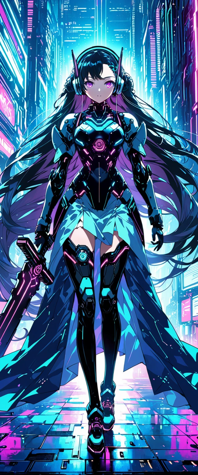 Anime girl wearing a dress mecha suit and headset standing in front of a building, curly long hair, holding a big sword, digital cyberpunk anime art, Digital Cyberpunk - Anime Art, anime cyberpunk art, cyberpunk anime girl, cyberpunk anime girl mech, anime style 4k, Best Anime 4K Kona-chan Wallpaper, cyber high school girl, cyberpunk anime art, portrait anime space cadet girl, future anime girl, Dreamy cyberpunk girl